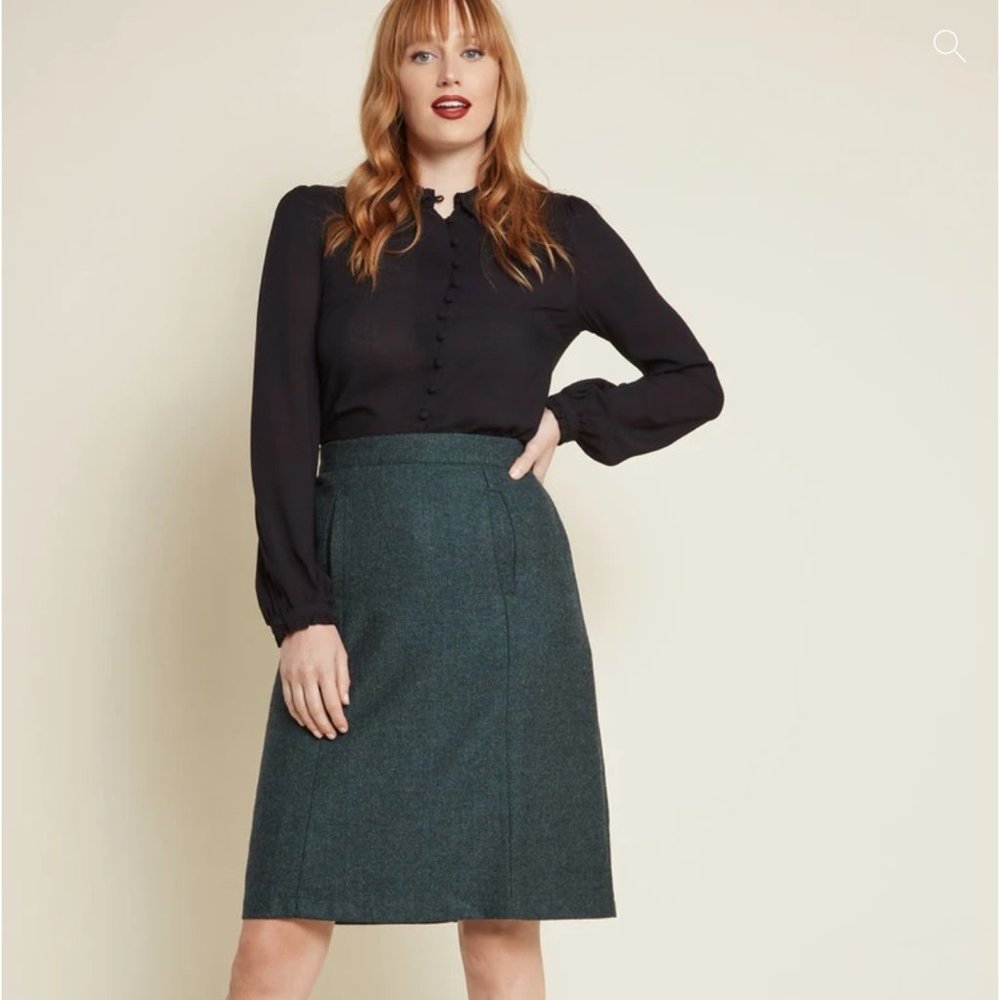 Wool Skirt in Green Herringbone